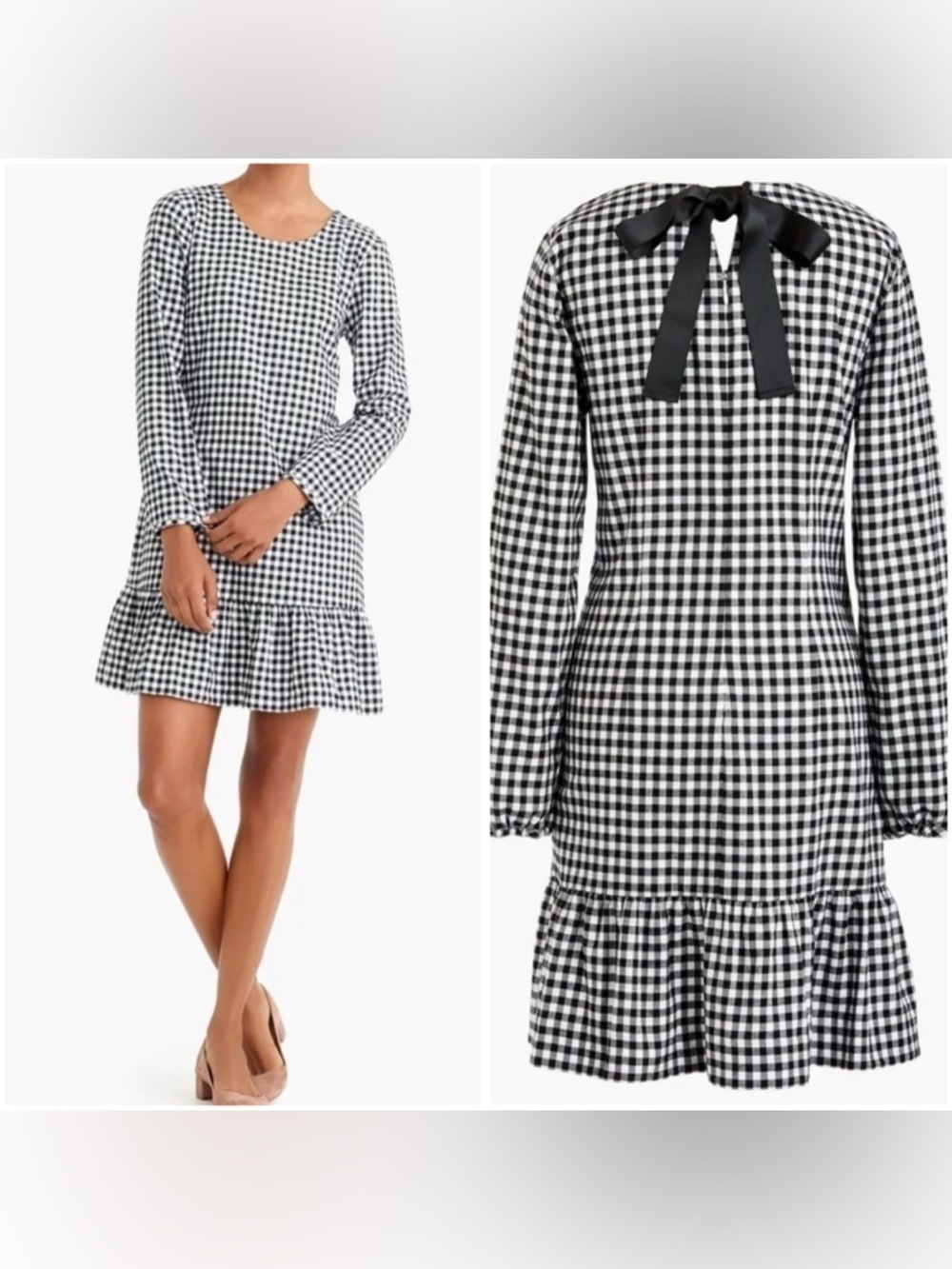 J. Crew Black & White Gingham Long-Sleeve Ruffle-Hem Dress Tie Bow Back S